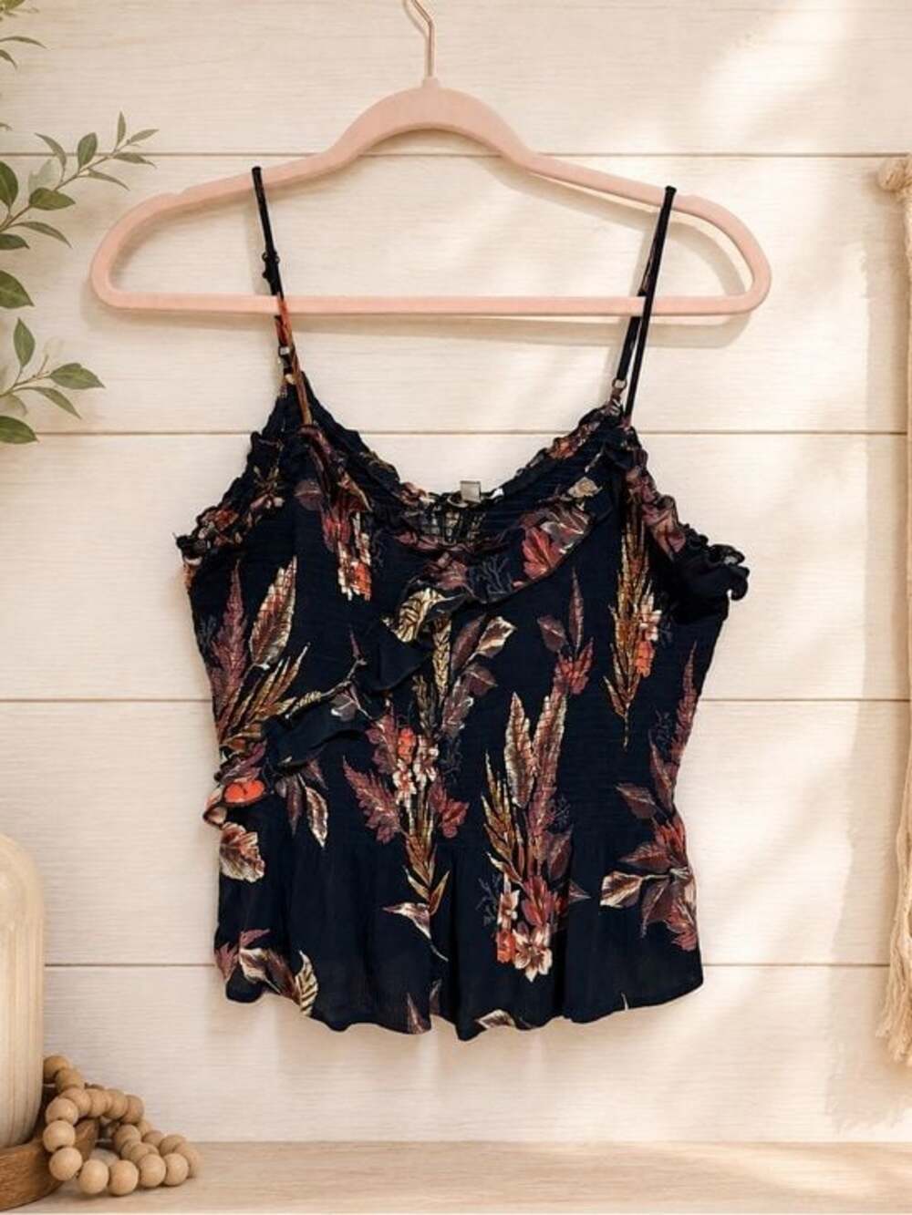 Patrons of Peace Navy Floral Ruffle Cami Tank Top Size Medium